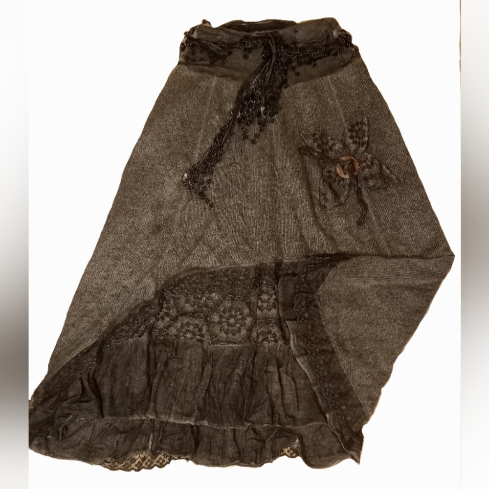 Gray Knit Maxi Skirt w/ Lace Hem
